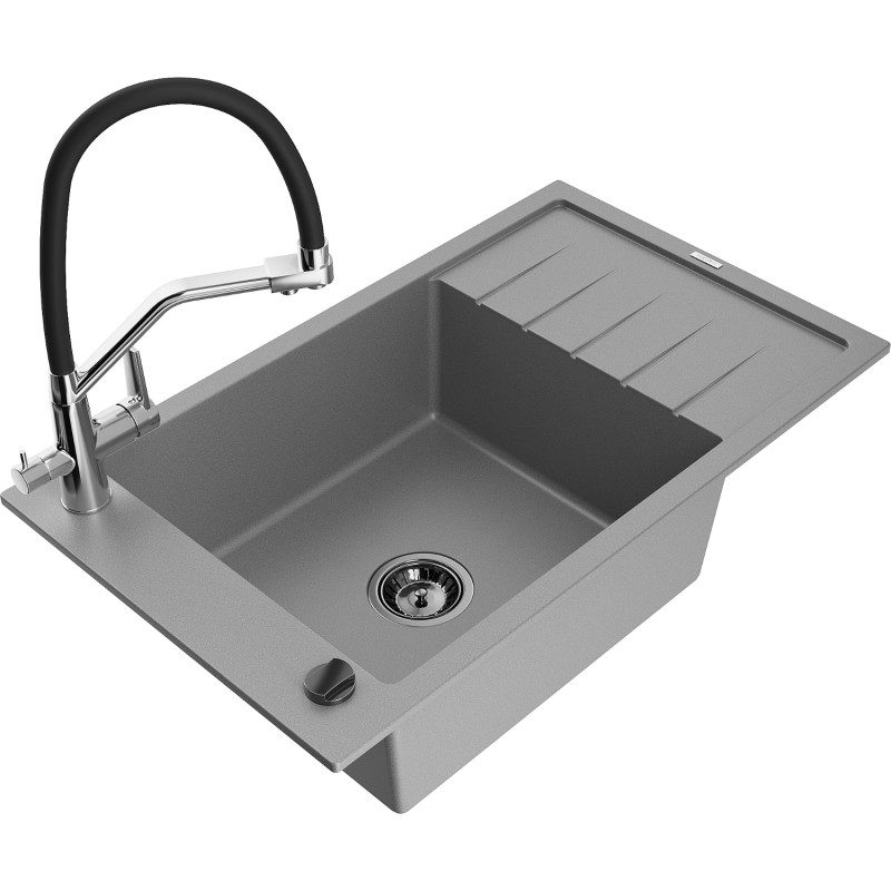 Mexen Elias 1-Kammer-Granispüle mit Abtropffläche und Küchenarmatur Duo, grau - 6511-71-671701-07-B