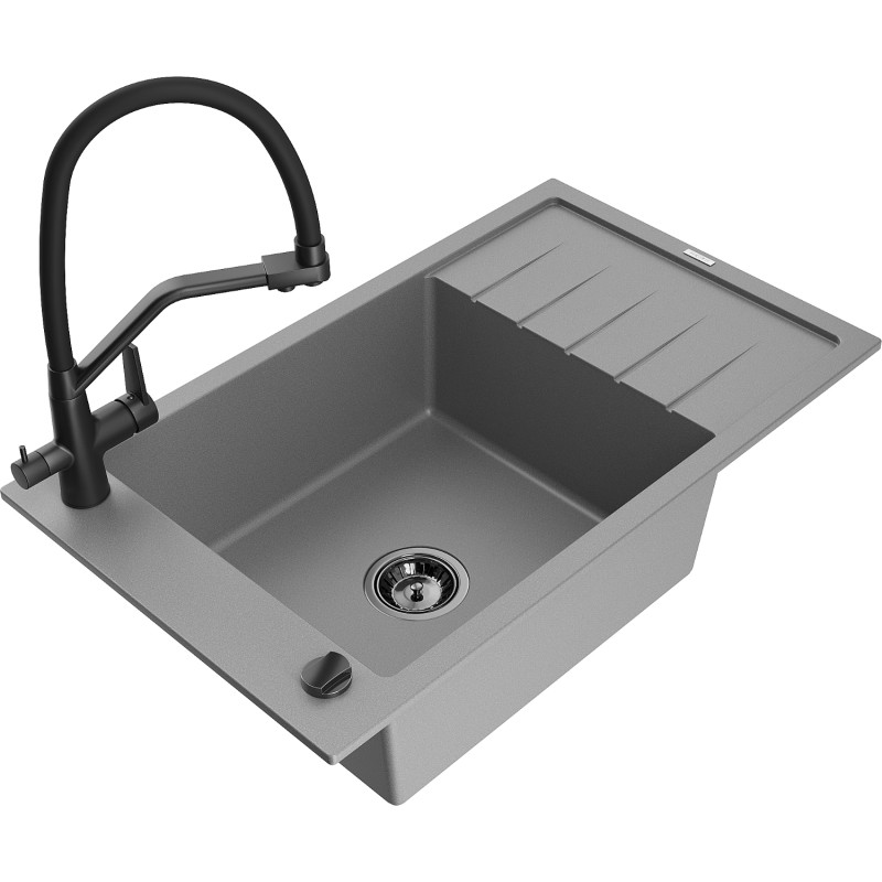 Mexen Elias Granitspüle 1-Becken mit Abtropffläche und Küchenarmatur Duo, grau - 6511-71-671701-70-B