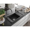 Mexen Elias Granitspüle 1-beckig mit Abtropffläche und Küchenarmatur Duo, schwarz/silber metallic - 6511-73-671701-07