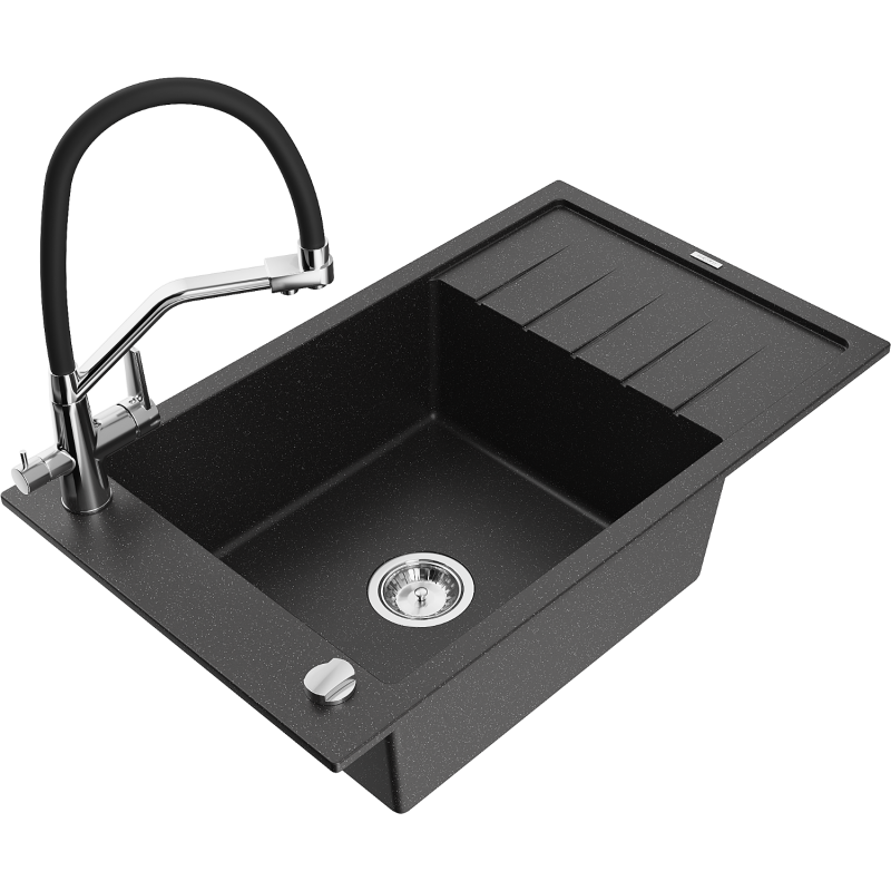 Mexen Elias Granitspüle 1-beckig mit Abtropffläche und Küchenarmatur Duo, schwarz/silber metallic - 6511-73-671701-07