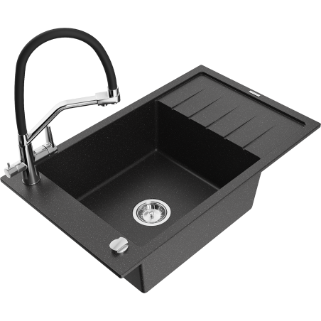 Mexen Elias Granitspüle 1-beckig mit Abtropffläche und Küchenarmatur Duo, schwarz/silber metallic - 6511-73-671701-07