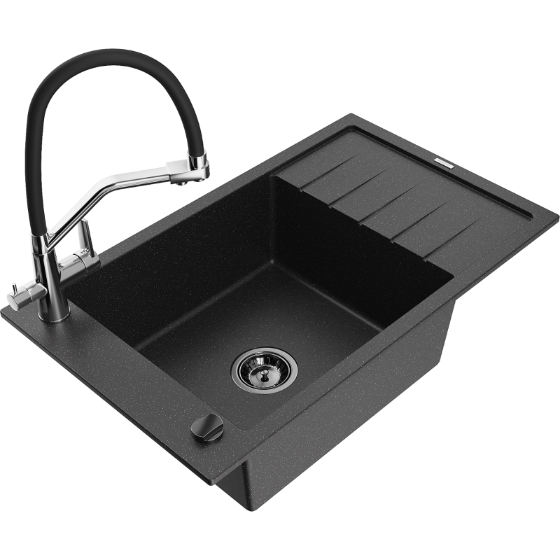 Mexen Elias Granitspüle 1-beckig mit Abtropffläche und Küchenarmatur Duo, schwarz/silber Metallic - 6511-73-671701-07-B