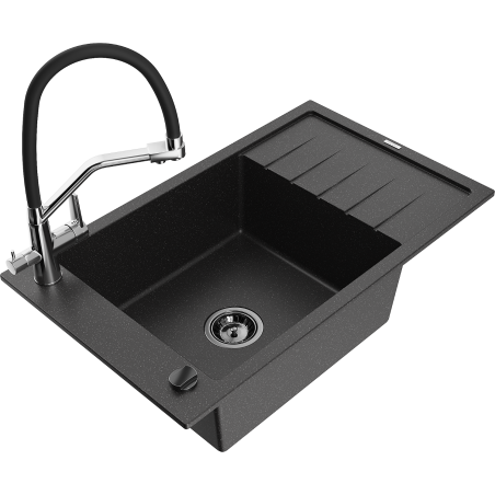 Mexen Elias Granitspüle 1-beckig mit Abtropffläche und Küchenarmatur Duo, schwarz/silber Metallic - 6511-73-671701-07-B