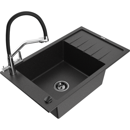 Mexen Elias granitspüle mit 1 Becken und Abtropffläche sowie Küchenarmatur Duo, schwarz/silber metallic - 6511-73-671701-07-B