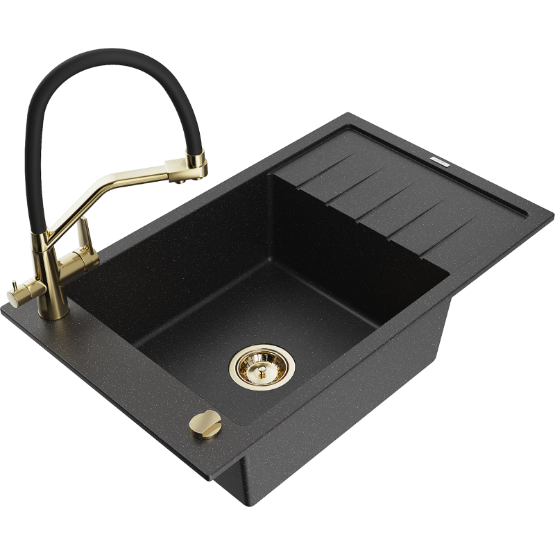 Mexen Elias Granitspüle 1-Becken mit Abtropffläche und Küchenarmatur Duo, schwarz/silber metallic - 6511-73-671701-57-G