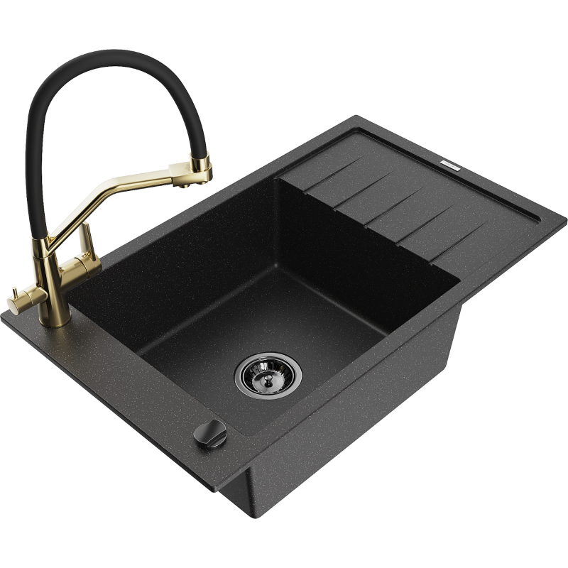 Mexen Elias Granitspüle 1-Becken mit Abtropffläche und Küchenarmatur Duo, Schwarz/Silber Metallic - 6511-73-671701-57-B