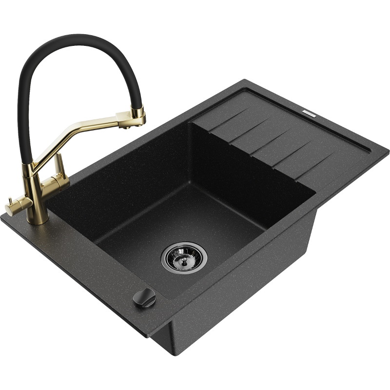 Mexen Elias Granitspüle 1-beckig mit Abtropffläche und Küchenarmatur Duo, schwarz/silber metallic - 6511-73-671701-57-B