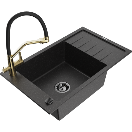 Mexen Elias Granitspüle 1-Becken mit Abtropffläche und Küchenarmatur Duo, Schwarz/Silber Metallic - 6511-73-671701-57-B