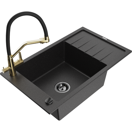 Mexen Elias Granitspüle 1-beckig mit Abtropffläche und Küchenarmatur Duo, schwarz/silber metallic - 6511-73-671701-57-B