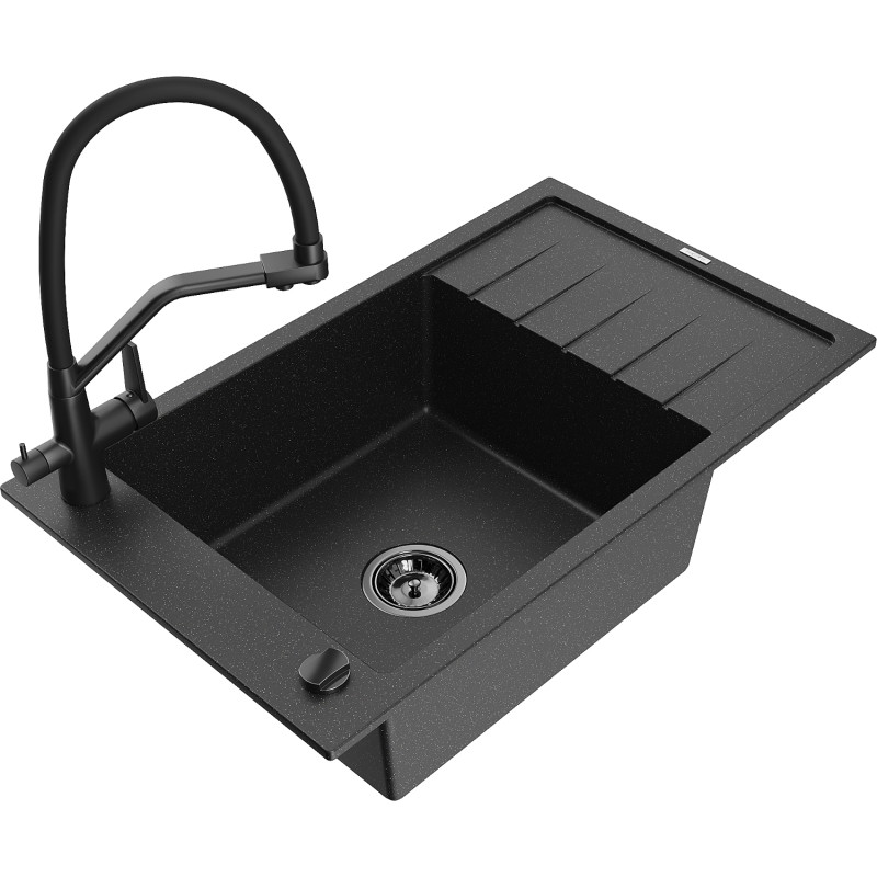 Mexen Elias granitspüle 1-becken mit abtropffläche und küchenarmatur Duo, schwarz/silber metallic - 6511-73-671701-70-B