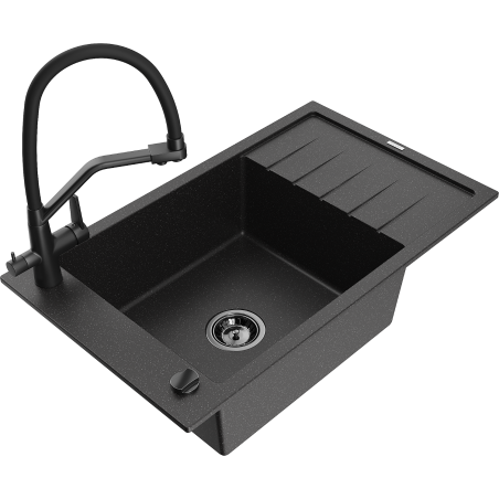 Mexen Elias granitspüle 1-becken mit abtropffläche und küchenarmatur Duo, schwarz/silber metallic - 6511-73-671701-70-B