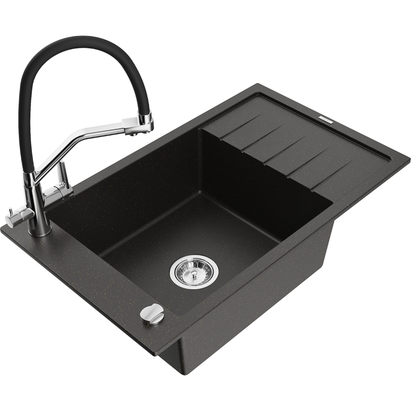 Mexen Elias Granitspüle 1-becken mit Abtropffläche und Küchenarmatur Duo, schwarz/gold metallic - 6511-75-671701-07