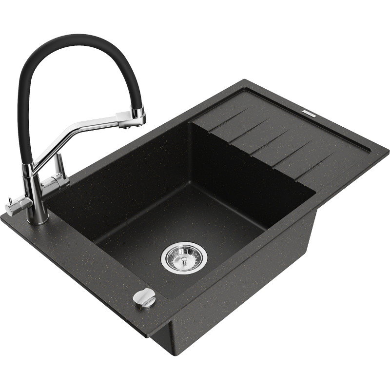 Mexen Elias Granitspüle 1-beckig mit Abtropffläche und Küchenarmatur Duo, schwarz/gold metallic - 6511-75-671701-07