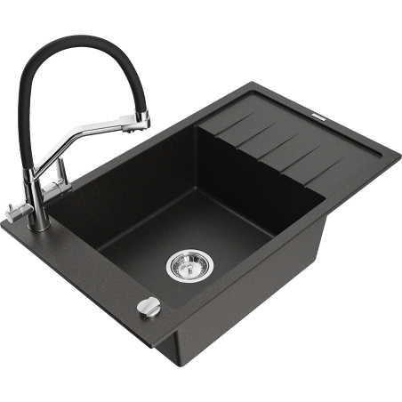 Mexen Elias Granitspüle 1-becken mit Abtropffläche und Küchenarmatur Duo, schwarz/gold metallic - 6511-75-671701-07