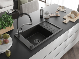 Mexen Elias Granitspüle 1-Becken mit Abtropffläche und Küchenarmatur Duo, schwarz/gold metallic - 6511-75-671701-07-B