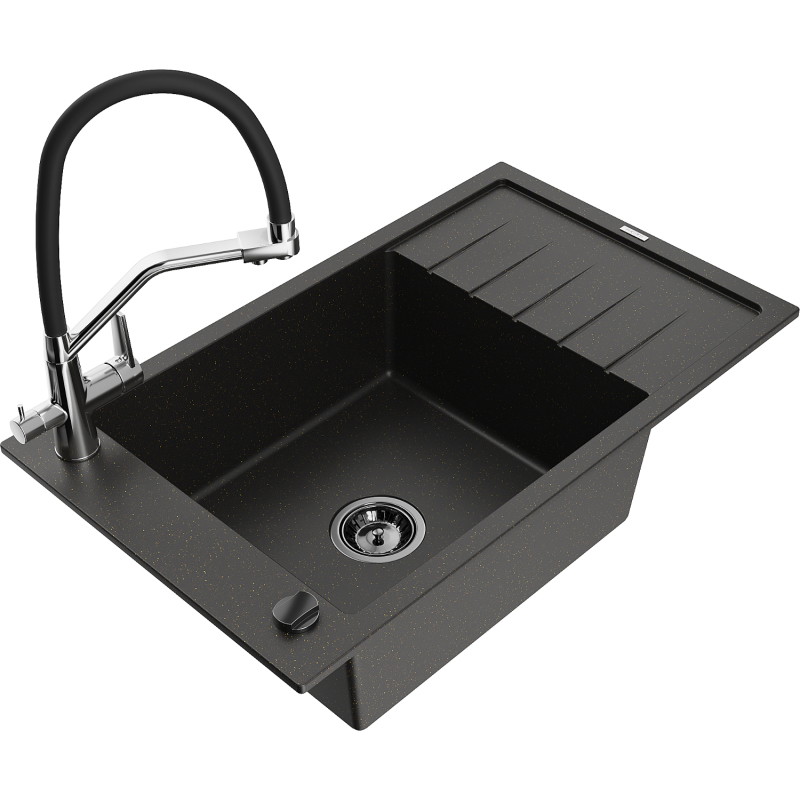 Mexen Elias Granit-Spülbecken 1-Becken mit Abtropffläche und Küchenarmatur Duo, schwarz/gold metallic - 6511-75-671701-07-B