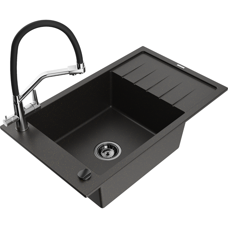 Mexen Elias Granitspüle 1-Becken mit Abtropffläche und Küchenarmatur Duo, schwarz/gold metallic - 6511-75-671701-07-B