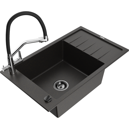 Mexen Elias Granit-Spülbecken 1-Becken mit Abtropffläche und Küchenarmatur Duo, schwarz/gold metallic - 6511-75-671701-07-B