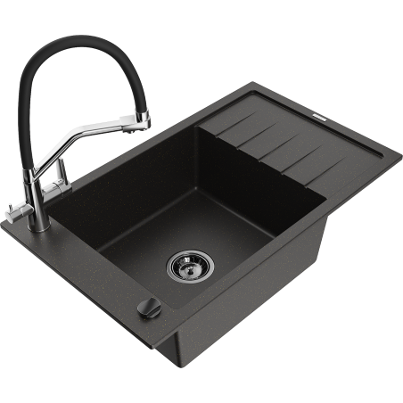 Mexen Elias Granitspüle 1-Becken mit Abtropffläche und Küchenarmatur Duo, schwarz/gold metallic - 6511-75-671701-07-B