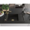 Mexen Elias Granitspüle 1-Becken mit Abtropffläche und Küchenarmatur Duo, schwarz/gold metallic - 6511-75-671701-57-G