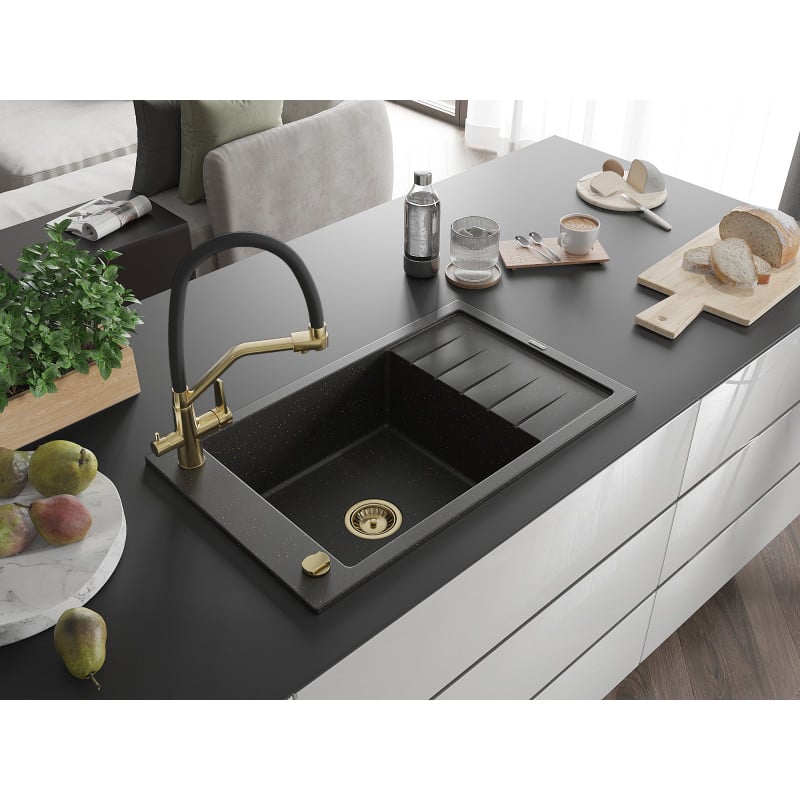 Mexen Elias Granitspüle 1-Becken mit Abtropffläche und Küchenarmatur Duo, schwarz/gold metallic - 6511-75-671701-57-G