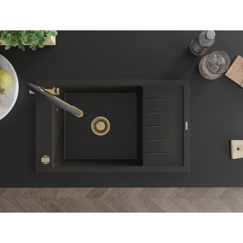 Mexen Elias Granitspüle 1-Becken mit Abtropffläche und Küchenarmatur Duo, schwarz/gold metallic - 6511-75-671701-57-G