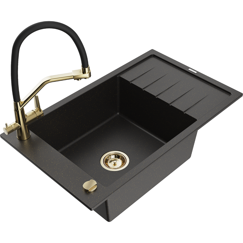 Mexen Elias Granitspüle 1-Becken mit Abtropffläche und Küchenarmatur Duo, schwarz/gold metallic - 6511-75-671701-57-G