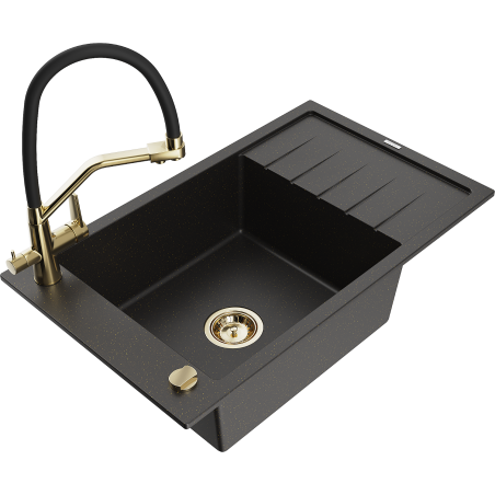 Mexen Elias Granitspüle 1-Becken mit Abtropffläche und Küchenarmatur Duo, schwarz/gold metallic - 6511-75-671701-57-G