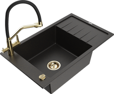 Mexen Elias Granitspüle 1-Becken mit Abtropffläche und Küchenarmatur Duo, schwarz/gold metallic - 6511-75-671701-57-G