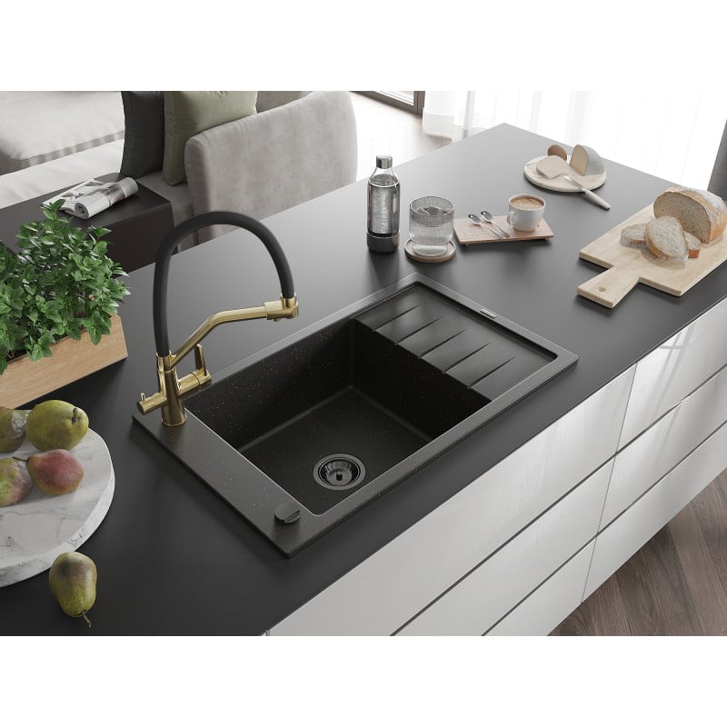 Mexen Elias Granitspüle 1-Becken mit Abtropffläche und Küchenarmatur Duo, schwarz/gold Metallic - 6511-75-671701-57-B