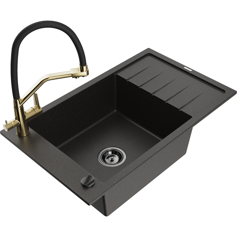 Mexen Elias Granitspüle 1-Becken mit Abtropffläche und Küchenarmatur Duo, schwarz/gold Metallic - 6511-75-671701-57-B