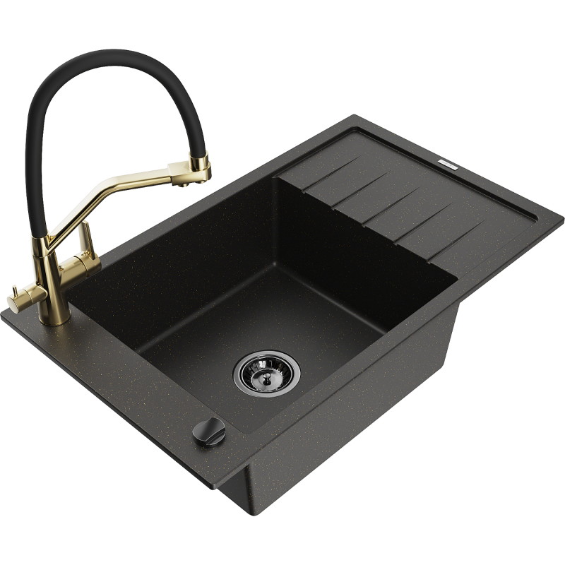Mexen Elias Granitspüle 1-Kammer mit Abtropffläche und Küchenarmatur Duo, schwarz/gold metallic - 6511-75-671701-57-B