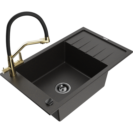 Mexen Elias Granitspüle 1-Becken mit Abtropffläche und Küchenarmatur Duo, schwarz/gold Metallic - 6511-75-671701-57-B