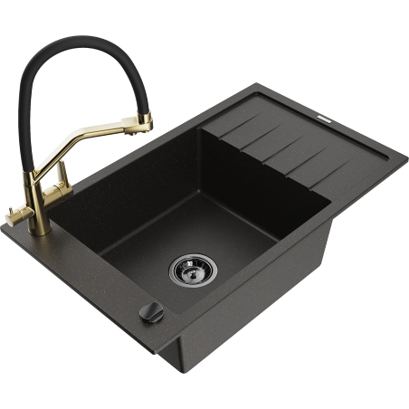 Mexen Elias Granitspüle 1-Kammer mit Abtropffläche und Küchenarmatur Duo, schwarz/gold metallic - 6511-75-671701-57-B