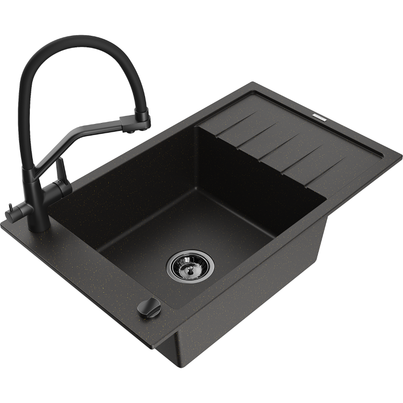 Mexen Elias 1-Kammer Granitspüle mit Abtropffläche und Küchenarmatur Duo, schwarz/gold metallic - 6511-75-671701-70-B