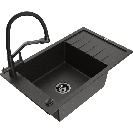 Mexen Elias 1-Kammer Granitspüle mit Abtropffläche und Küchenarmatur Duo, schwarz/gold metallic - 6511-75-671701-70-B