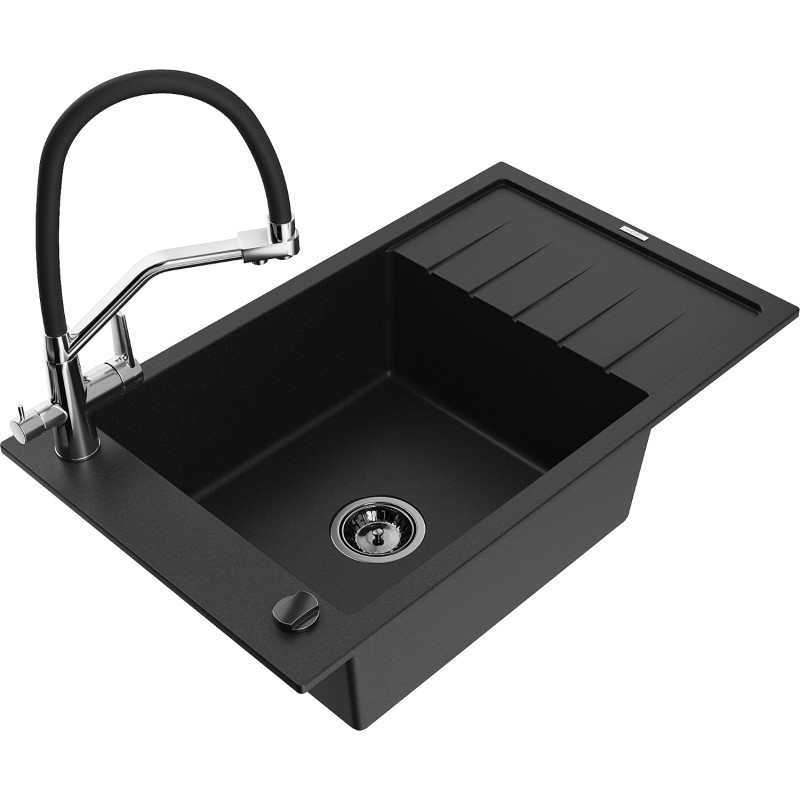 Mexen Elias Granitspüle 1-Becken mit Abtropffläche und Küchenarmatur Duo, schwarz - 6511-77-671701-07-B
