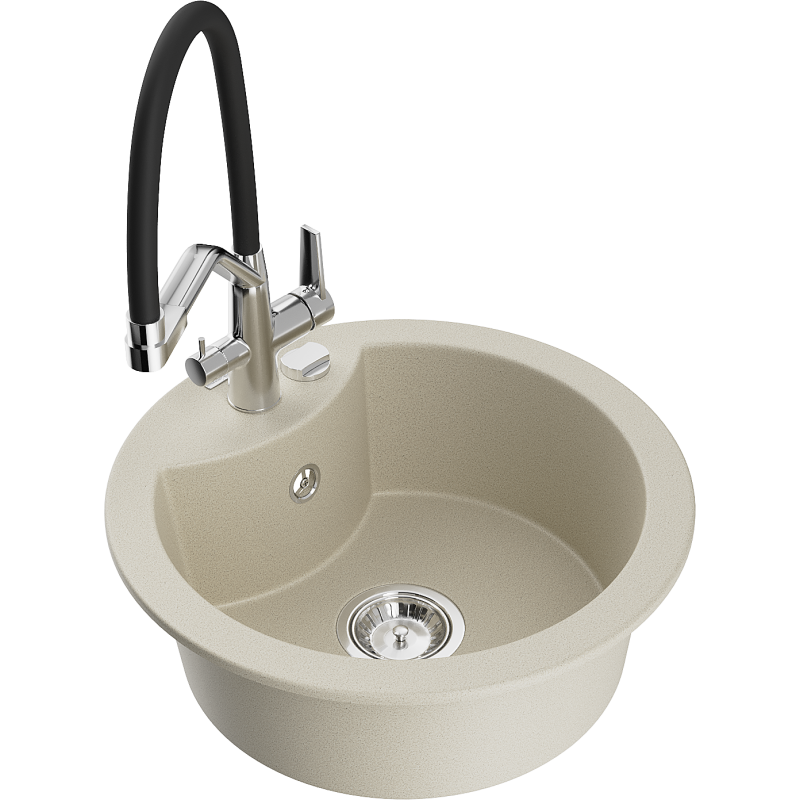 Mexen Diego Granitspüle 1-beckig mit Küchenarmatur Duo, beige - 6512-69-671701-07
