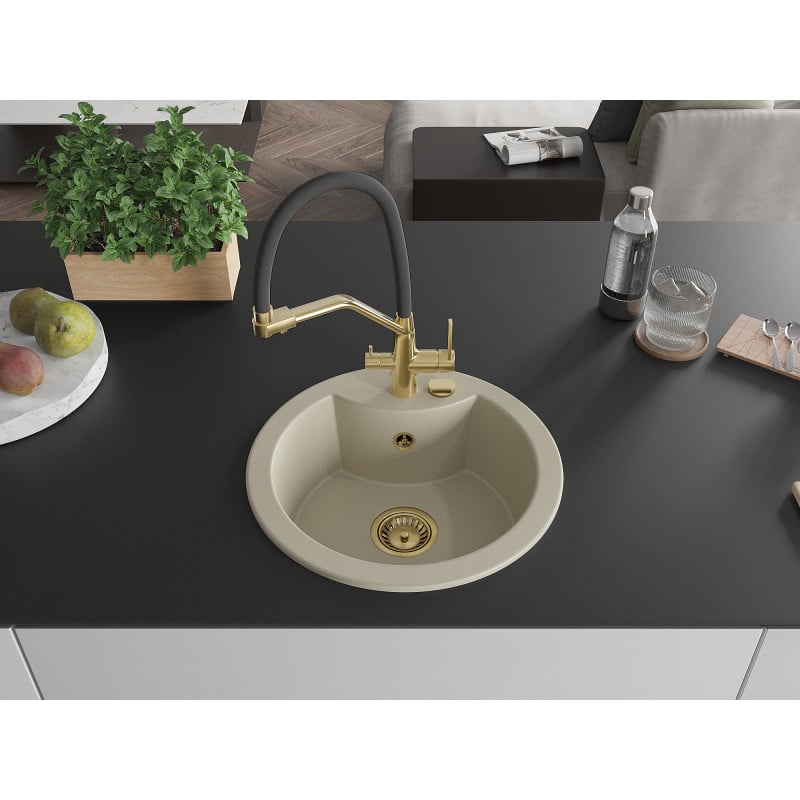 Mexen Diego Granitspüle 1-Kammer mit Küchenarmatur Duo, beige - 6512-69-671701-57-G
