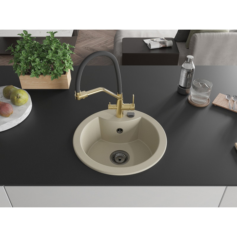 Mexen Diego Granitspüle 1-Kammer mit Küchenarmatur Duo, beige - 6512-69-671701-57-B