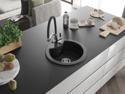 Mexen Diego Granitspüle 1-Becken mit Küchenarmatur Duo, schwarz/silber metallic - 6512-73-671701-07