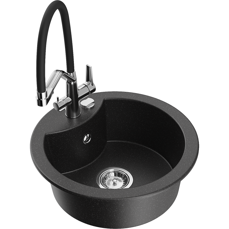 Mexen Diego Granitspüle 1-Becken mit Küchenarmatur Duo, schwarz/silber metallic - 6512-73-671701-07