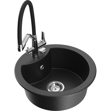 Mexen Diego Granitspüle 1-Becken mit Küchenarmatur Duo, schwarz/silber metallic - 6512-73-671701-07