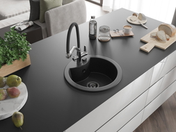 Mexen Diego Granitspüle 1-beckig mit Küchenarmatur Duo, schwarz/silber metallic - 6512-73-671701-07-B
