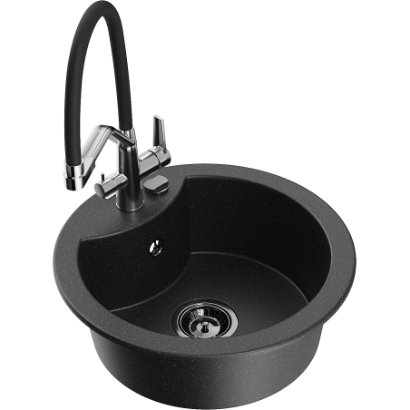 Mexen Diego Granitspüle 1-Becken mit Küchenarmatur Duo, schwarz/silber metallic - 6512-73-671701-07-B