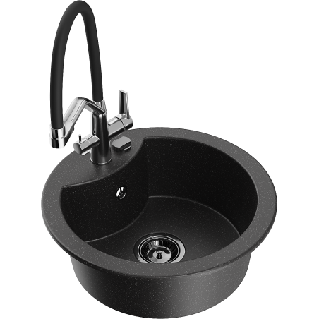 Mexen Diego Granitspüle 1-beckig mit Küchenarmatur Duo, schwarz/silber metallic - 6512-73-671701-07-B