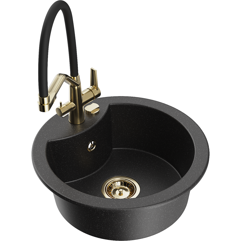Mexen Diego Granitspüle 1-beckig mit Küchenarmatur Duo, schwarz/silber metallic - 6512-73-671701-57-G