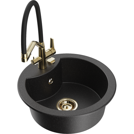 Mexen Diego Granitspüle 1-beckig mit Küchenarmatur Duo, schwarz/silber metallic - 6512-73-671701-57-G