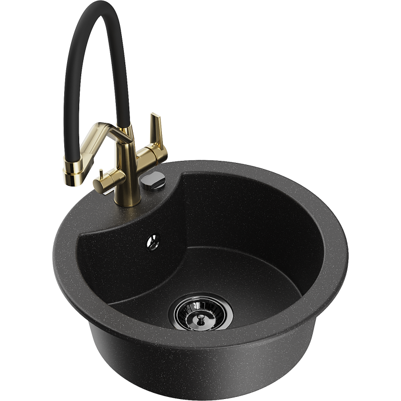 Mexen Diego Granitspüle ein Becken mit Küchenarmatur Duo, schwarz/silber metallic - 6512-73-671701-57-B