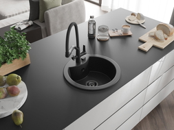 Mexen Diego Granitspüle 1-becken mit Küchenarmatur Duo, schwarz/silber metallic - 6512-73-671701-70-B